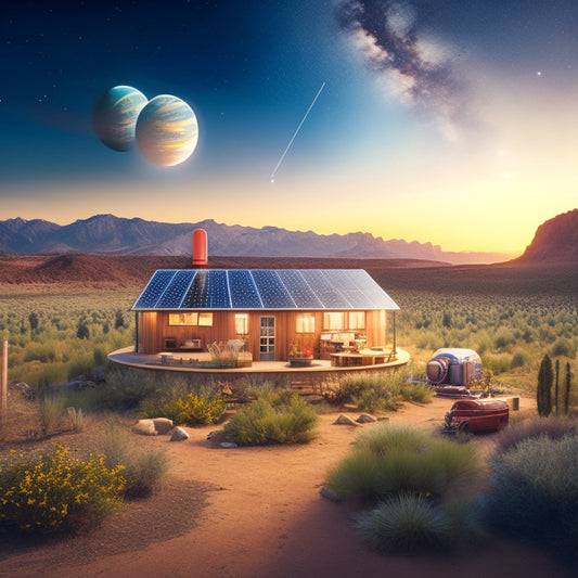 A serene illustration of a self-sufficient off-grid homestead surrounded by a stylized, glowing Solar System, with planets and stars integrated into the landscape and renewable energy systems.