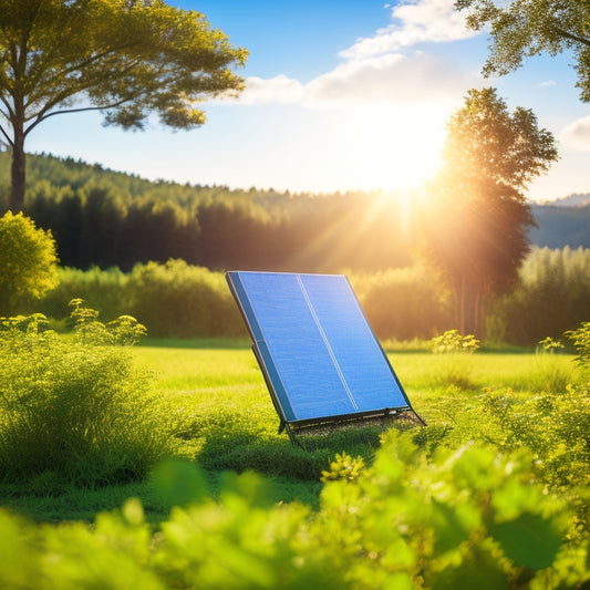 A sleek, compact solar panel on a bright, sunny landscape, surrounded by lush greenery, with rays of sunlight reflecting off its surface, showcasing efficient energy production and portability in an eco-friendly setting.