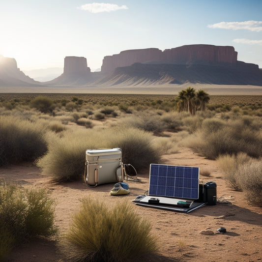 A serene desert landscape with a compact, foldable solar panel array in the foreground, connected to a sleek, silver portable power station, surrounded by lush greenery and a few scattered hiking gear.