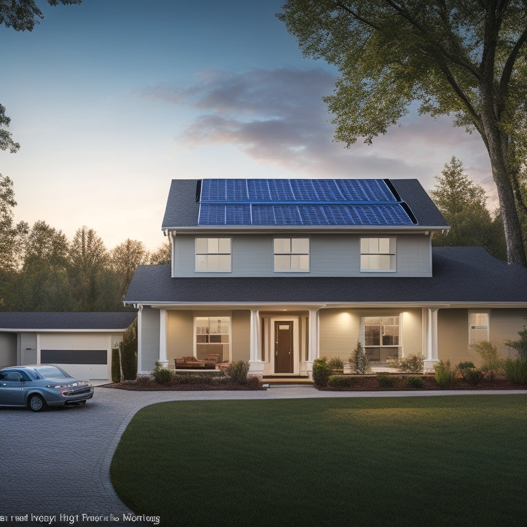 A serene suburban home with a solar panel array on the roof, a sleek battery backup system installed beside the garage, and a faint grid outage notification on a tablet in the foreground.