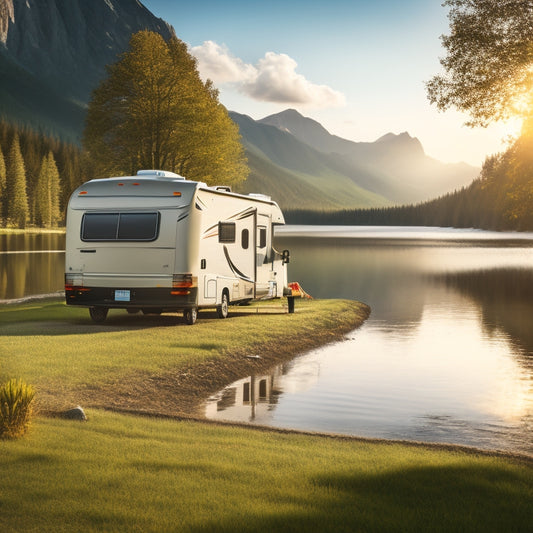 An illustration of an RV parked near a serene lake, with a hose connected to a water purification system, and a sunbeam shining down, highlighting the purification process.