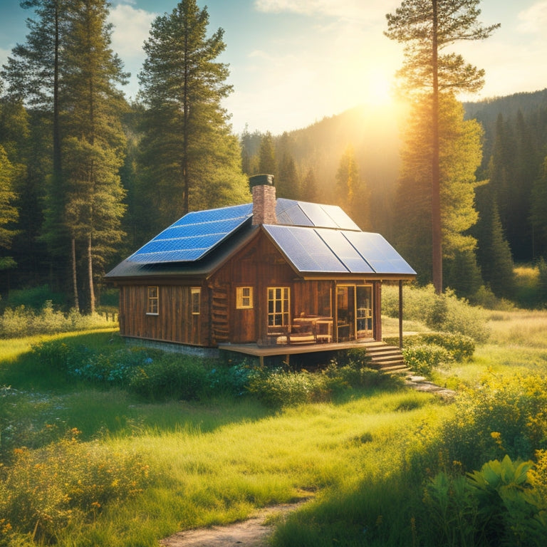 A serene landscape featuring a secluded, rustic cabin surrounded by lush greenery, with a few solar panels discreetly integrated into the roof, under a bright blue sky with a few wispy clouds.