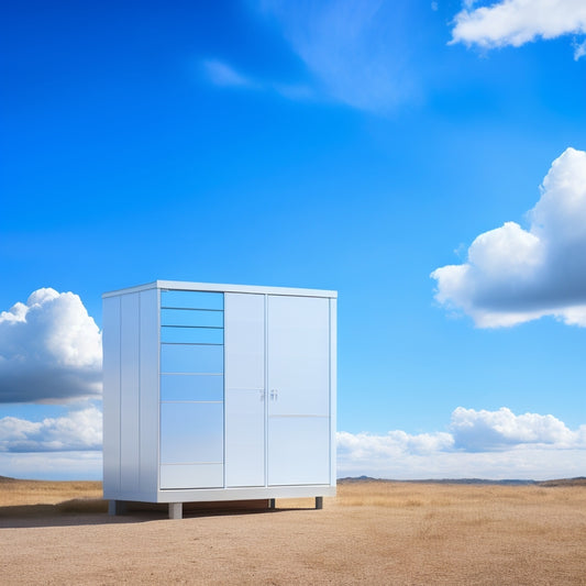 A minimalist, modern storage unit with sliding drawers and shelves, integrated with sleek solar panels on the roof, set against a bright blue sky with fluffy white clouds.