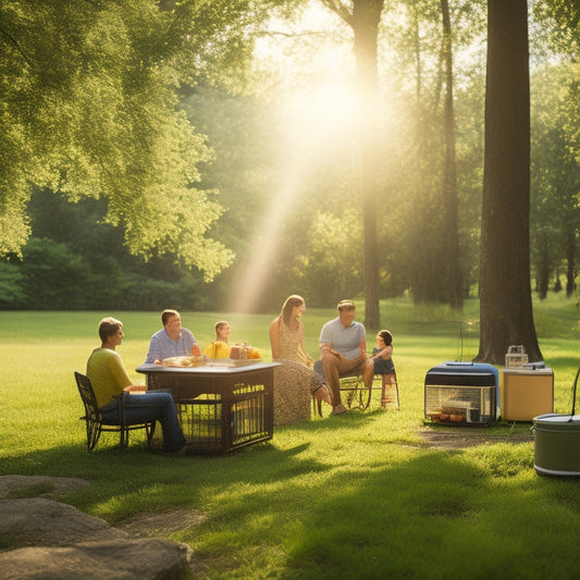 A serene outdoor scene featuring a solar generator beside a traditional gas generator, surrounded by lush greenery, sunlight streaming down, and a family enjoying a picnic, emphasizing sustainability and clean energy.