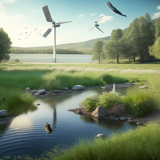 A serene landscape featuring a wind turbine and solar panels powering a water filtration system, with clear water flowing into a stream surrounded by lush greenery and a few birds flying overhead.