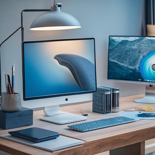 A clutter-free, modern desk setup with a sleek monitor mounted on a silver adjustable arm, surrounded by tidy cables, a few scattered papers, and a single, elegant pen holder.
