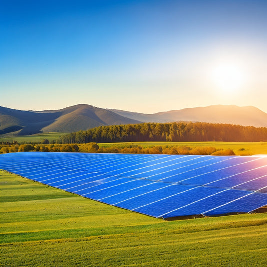 A sprawling landscape of rows upon rows of sleek, silver solar panels, angled towards a radiant blue sky with a few wispy clouds, amidst a backdrop of rolling hills and lush greenery.
