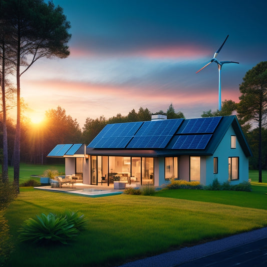 A serene, modern home with solar panels on the roof, surrounded by lush greenery, a wind turbine in the distance, and a subtle, glowing light emanating from the windows, symbolizing energy independence.