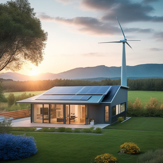 A serene, well-lit modern home with a solar panel roof, triple-glazed windows, and a programmable thermostat, surrounded by lush greenery and a few wind turbines in the distance.