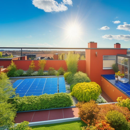 A sunlit rooftop adorned with sleek solar panels, showcasing various mounting kits, including flush mounts and ground mounts, surrounded by a vibrant garden, with a clear blue sky and fluffy white clouds above.