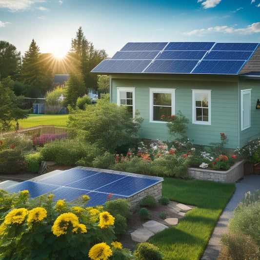 A vibrant backyard scene showcasing various solar panel kits installed on rooftops and in gardens, featuring bright sunlight, blooming flowers, and a clear blue sky, with energy-efficient appliances visible through a window.