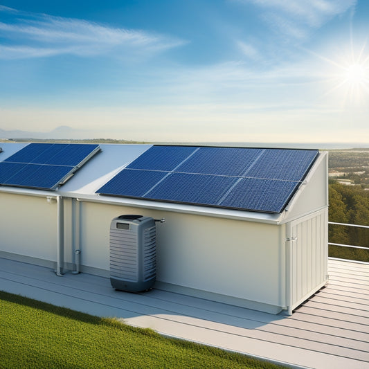 A modern, sleek rooftop with a solar panel array installed, connected to a compact battery storage unit and a sleek inverter on a white background, with subtle shadows and highlights.