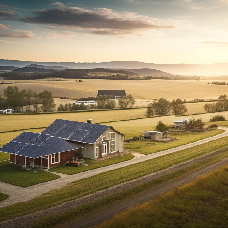 A serene rural landscape with a few rustic homes, rolling hills, and a vast open field featuring a large solar panel farm with sleek, modern energy storage units in the distance.