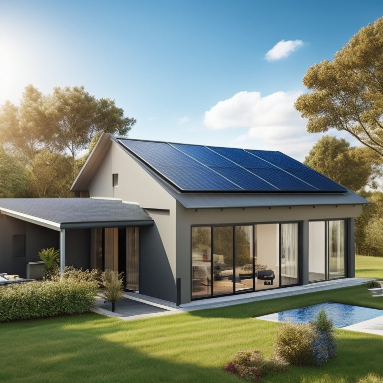 A modern, eco-friendly home with sleek, black solar panels installed on the rooftop, surrounded by lush greenery and a bright blue sky with a few puffy white clouds.