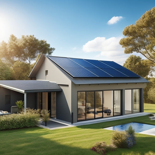 A modern, eco-friendly home with sleek, black solar panels installed on the rooftop, surrounded by lush greenery and a bright blue sky with a few puffy white clouds.