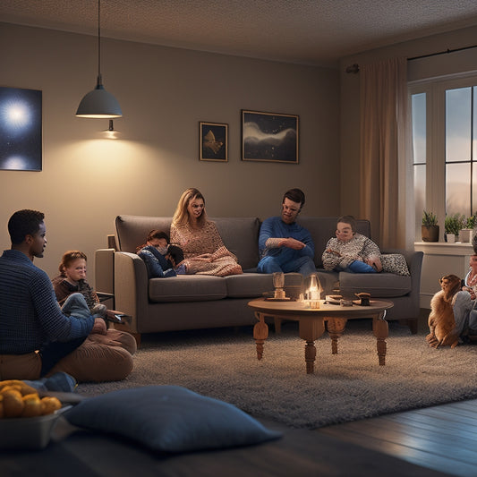 A serene living room with a family gathered around a laptop, lit by warm floor lamps, amidst a subtle backdrop of solar panels and a calm, starry night sky outside.