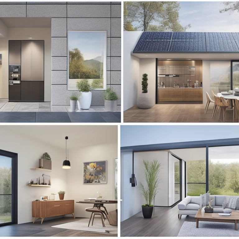 A modern home interior with a sleek, wall-mounted battery system, featuring a series of compact, rectangular modules with LED indicators, surrounded by solar panels and electrical outlets.