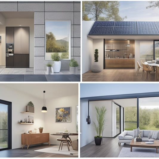 A modern home interior with a sleek, wall-mounted battery system, featuring a series of compact, rectangular modules with LED indicators, surrounded by solar panels and electrical outlets.