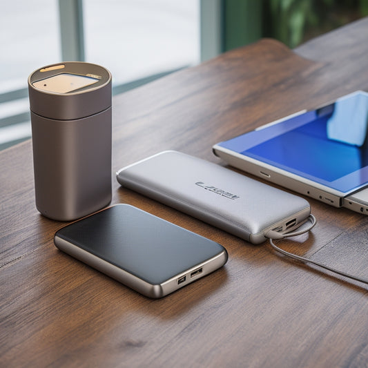 A sleek, silver portable power bank with a rounded edge, LED lights, and USB ports on one side, placed on a wooden table amidst scattered smartphones, cables, and a wallet.