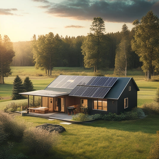 A serene rural landscape with a modern off-grid cabin, surrounded by lush greenery, featuring a rooftop solar array with sleek black panels, and a battery bank with tidy wiring in the foreground.