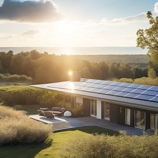 A serene, sun-kissed landscape with a modern, sleek home featuring a rooftop array of shimmering solar panels, surrounded by lush greenery and a clear blue sky with a few puffy white clouds.