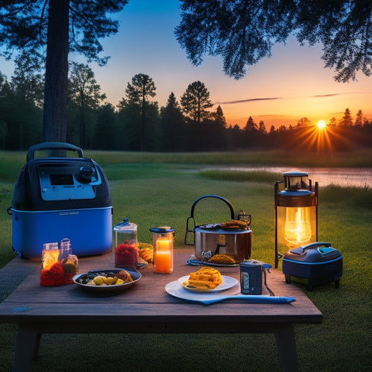 A vibrant outdoor scene featuring a portable power supply connected to various devices: a camping lantern, a mini fridge, a smartphone, a drone in flight, and an electric grill, surrounded by trees and a sunset.