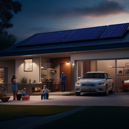 An illustration of a modern home with solar panels on the roof, a sleek backup battery unit in the garage, and a family enjoying a lit living room during a nighttime power outage.