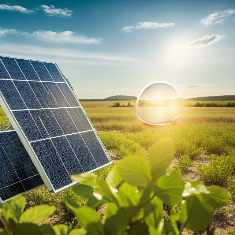 A serene, sunny landscape with a solar panel array in the distance, juxtaposed with a close-up of a solar battery with a magnifying glass hovering above, highlighting a small crack or rust spot.