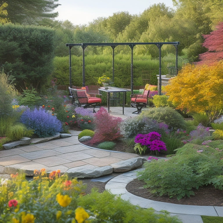 A serene backyard garden with vibrant flowers and lush greenery, featuring sleek, curved solar panels mounted on elegant, rust-resistant racks, blending seamlessly into the natural surroundings.