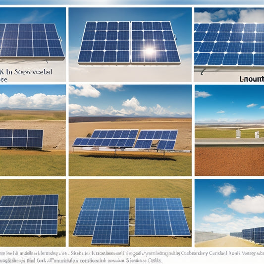 A split-screen illustration comparing four solar panel installations of varying wattage (2 kW, 5 kW, 10 kW, 20 kW) with corresponding numbers of panels, inverters, and mounting systems, set against a bright blue sky with fluffy white clouds.