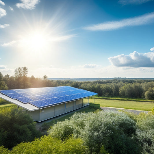 A serene landscape with a modern, sleek, and silver solar panel array installed on a rooftop, surrounded by lush greenery and a bright blue sky with a few wispy clouds.