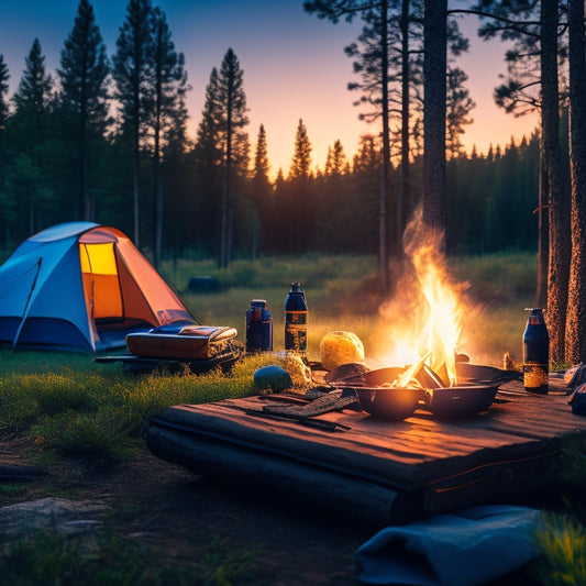 A serene campsite at sunset, featuring a rugged solar charger power bank on a log beside a glowing campfire, surrounded by pine trees, a starry sky, and hiking gear scattered around.