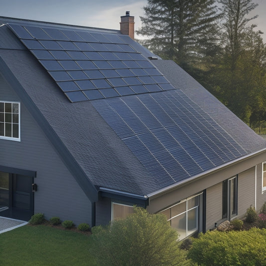 A close-up of a modern residential roof with a grey asphalt shingle gable, featuring a sleek, silver solar panel mounted at a 30-degree angle, with sleek black clamps and thin metal rails.