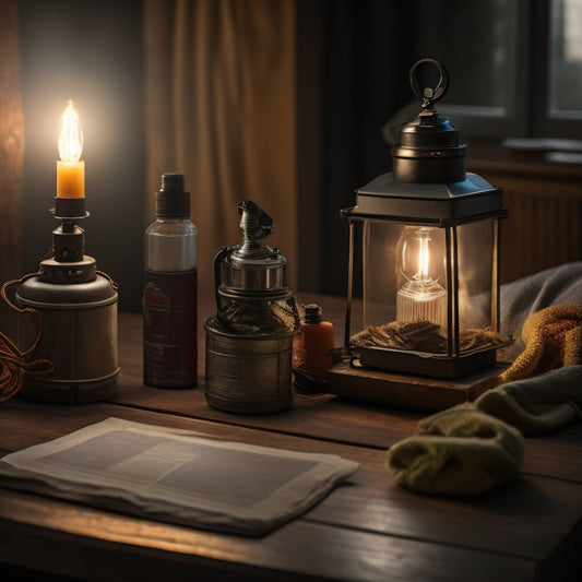 A dimly lit room with a portable lantern on a wooden table, surrounded by emergency supplies like batteries, a first-aid kit, and a flashlight, casting warm light on a comforting, inviting space.