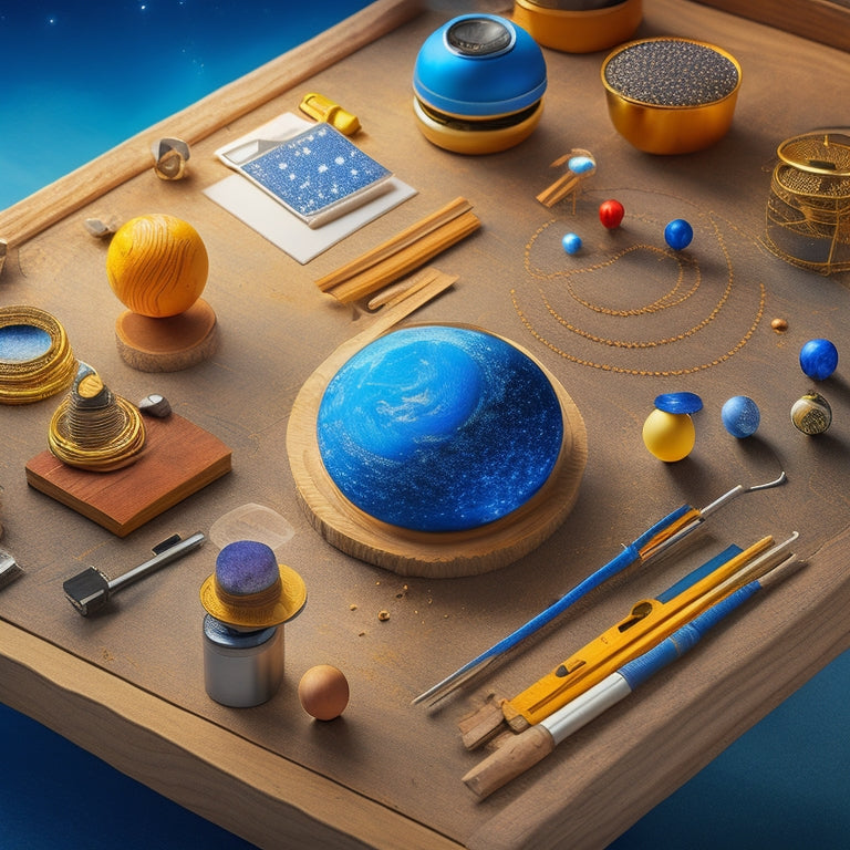 An illustration of a DIY solar system kit, featuring a miniature Sun, eight planets, and a moons-and-rings accessory pack, laid out on a wooden workbench surrounded by tools and starry blueprints.