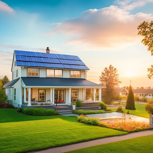 A serene suburban home with a mix of solar panels, wind turbines, and a battery storage system in the backyard, set against a sunny sky with fluffy white clouds.