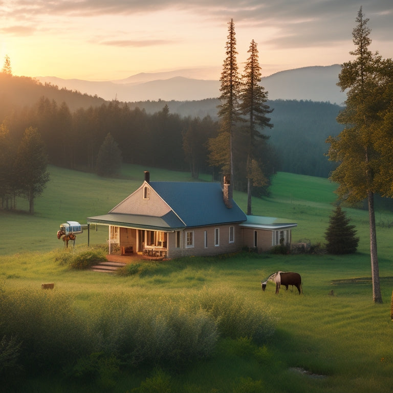 A serene, off-grid homestead at dawn, with a wind turbine, solar panels, and a generator humming in the background, surrounded by lush greenery and a misty atmosphere.