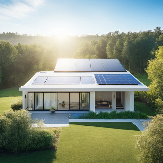 A serene landscape featuring a modern, sleek, and minimalist home with a rooftop solar panel array, surrounded by lush greenery and a bright blue sky with a few fluffy white clouds.
