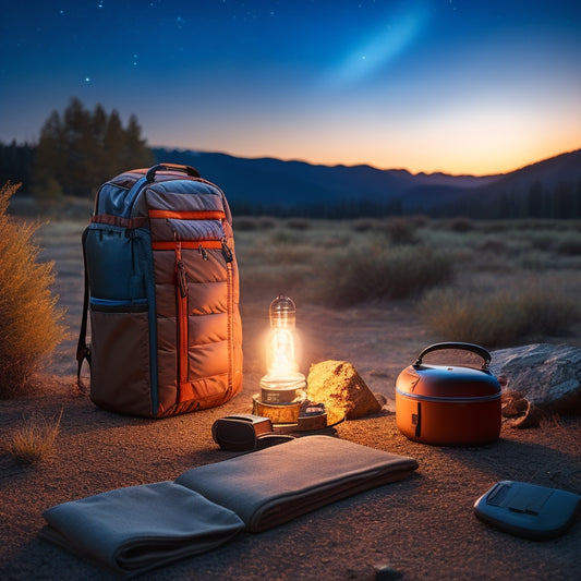 A rugged, open backpack in a natural setting, featuring compact solar panels, a portable charger, and a solar lantern. Nearby, a small campfire flickers under a starry night sky, emphasizing preparedness.