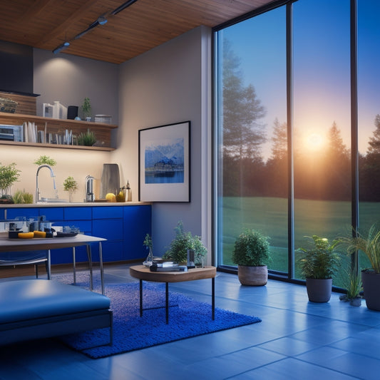 A serene daytime interior scene featuring a modern home with large windows, a sleek solar panel on the roof, and a compact battery pack with glowing blue LED lights on a shelf.