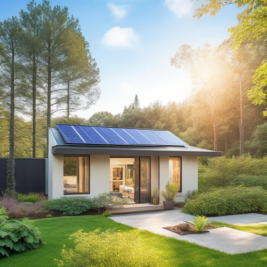 A modern, eco-friendly home with solar panels on the roof, a smart thermostat on the wall, and a compact energy storage system in the background, surrounded by lush greenery and a sunny sky.