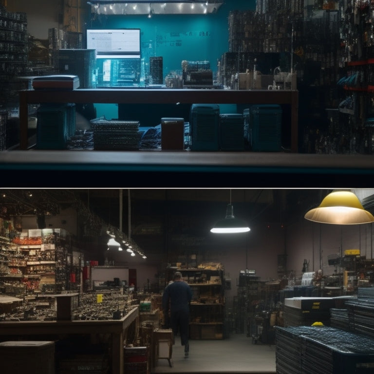 A split-screen image with a cluttered, dimly lit hardware store on the left, and a bright, organized online shopping platform on the right, with various battery systems and laptops in the background.