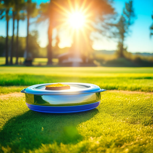A sunlit outdoor scene featuring a sleek, modern portable solar oven surrounded by vibrant green grass, with a delicious meal cooking inside, and bright sun rays illuminating the entire setup.