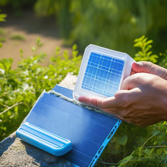 An image of a person gently wiping a solar panel with a microfiber cloth and a small pail of soapy water, surrounded by lush greenery and a sunny blue sky.