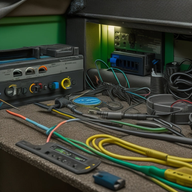 A close-up view of a camper's electrical panel with exposed wires, a frayed connection, and a multimeter displaying low voltage, surrounded by tools like wire strippers and electrical tape, set in a cozy camping environment.