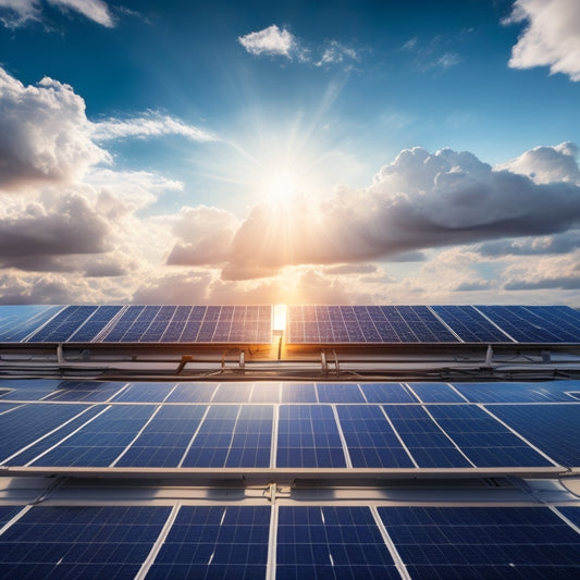 An illustration of a clean, well-maintained solar panel array on a rooftop, with a bright blue sky and fluffy white clouds, versus a dirty, dusty, and worn-out array in the background, with a dark and stormy sky.