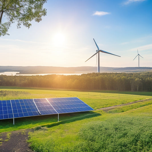 A serene landscape featuring a solar panel array and wind turbines under a clear blue sky, with an off-grid inverter prominently displayed, surrounded by lush greenery, symbolizing sustainable energy and independence.