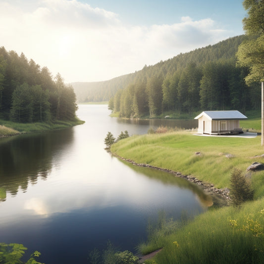 A serene landscape with a small, modern eco-friendly cabin surrounded by solar panels, a wind turbine, and a small hydroelectric dam, amidst lush greenery and a sunny sky.