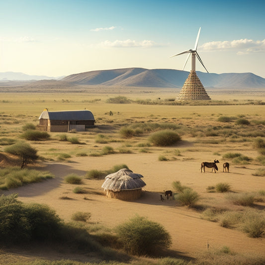 A sunny African savannah landscape with a small off-grid village in the distance, featuring a few thatched roof huts and a prominent wind turbine, with a few solar panels scattered around.