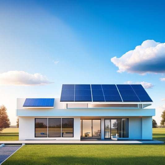 A futuristic, minimalist illustration of a sleek, modern home with solar panels on the roof, surrounded by sleek battery units, wires, and circuits, set against a bright blue sky with fluffy white clouds.